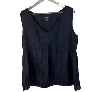 J Jill 100% Silk Top, High Waist, Beaded, Lined | Size Large | Navy Sleeveless